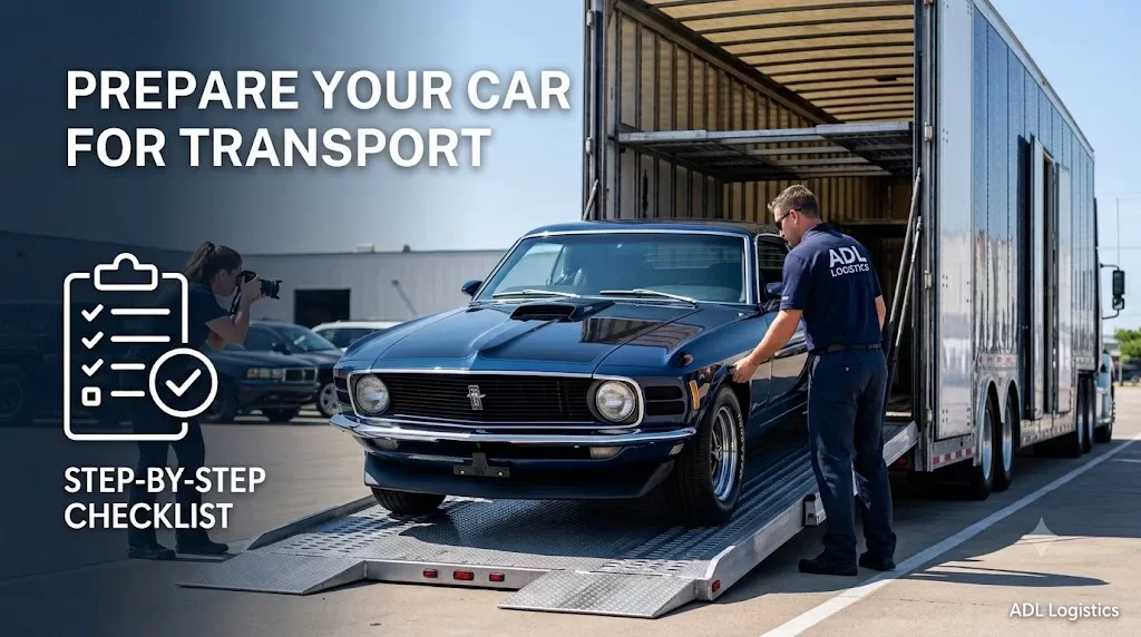 A classic blue Ford Mustang being loaded onto an enclosed car transport trailer by an ADL Logistics LLC professional hauler, illustrating the step-by-step vehicle preparation checklist process.