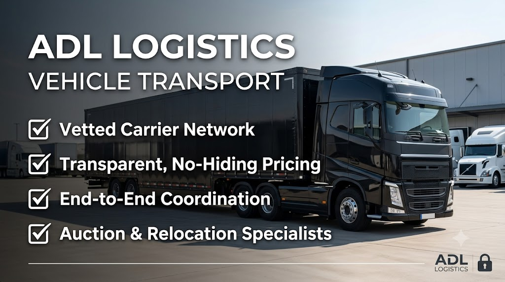An open multi-car auto transport carrier hauling vehicles down a highway, representing transparent pricing and shipping rates from ADL Logistics.
