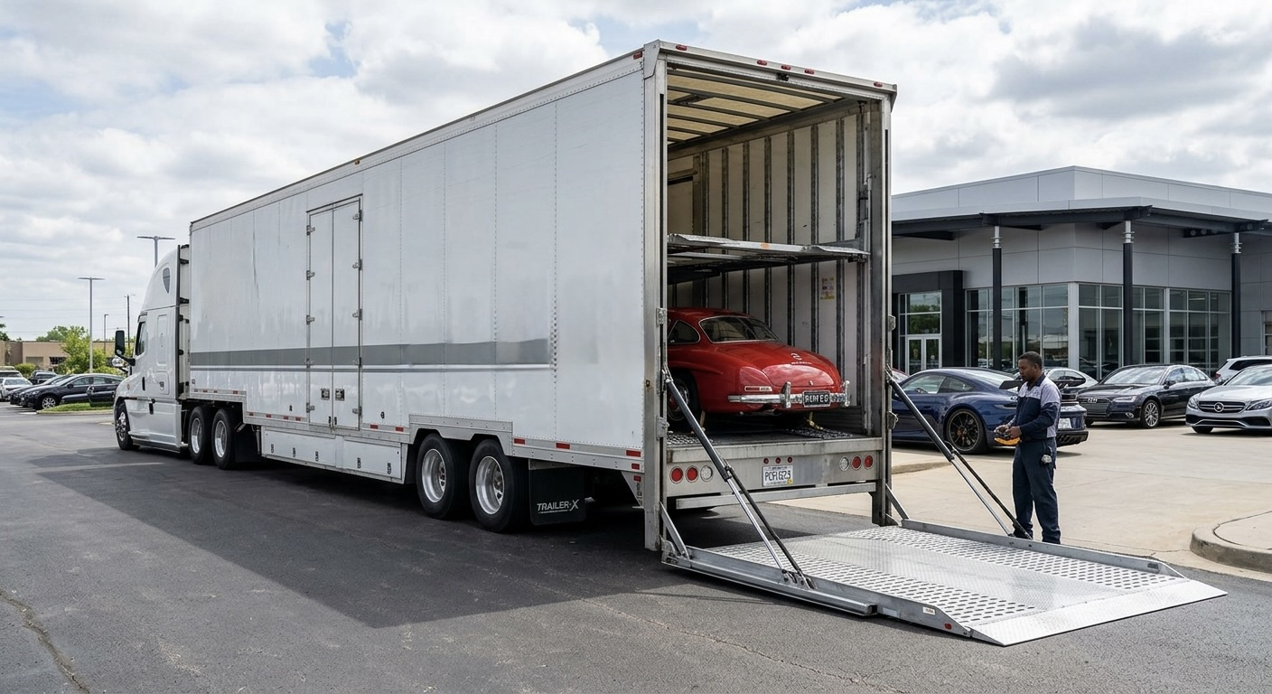 Enclosed car transport service by ADL Logistics, showcasing a classic vehicle loading process in Miami, FL.