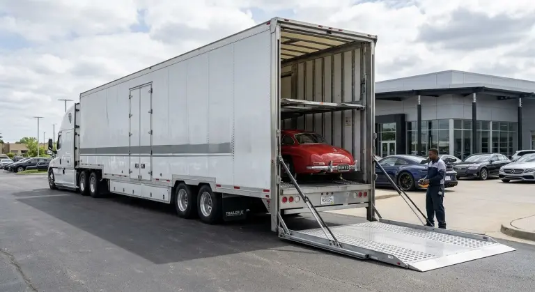 Enclosed car transport service by ADL Logistics, showcasing a classic vehicle loading process in Miami, FL.