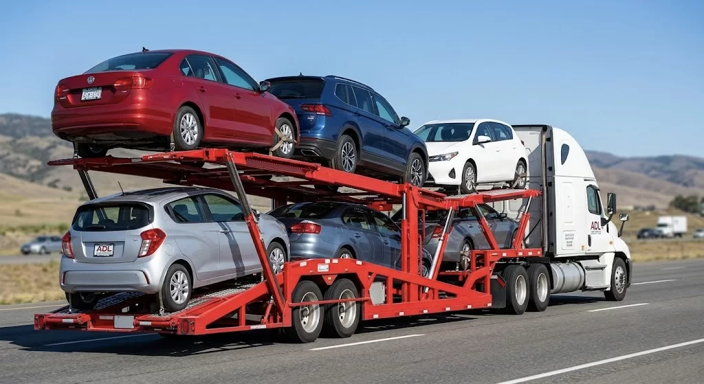 ADL Logistics auto transport open carrier loaded with multiple cars in transit - offering vehicle logistics and door-to-door service.