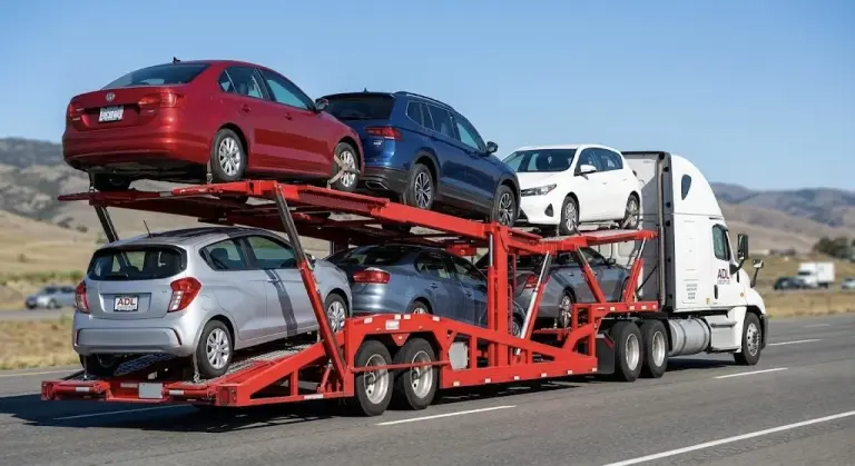 ADL Logistics auto transport open carrier loaded with multiple cars in transit - offering vehicle logistics and door-to-door service.